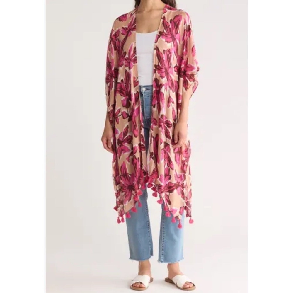 Nordstrom Tuscany Women's Floral Wrap Kimono Swim Cover Up Tassel Fringe Open OS